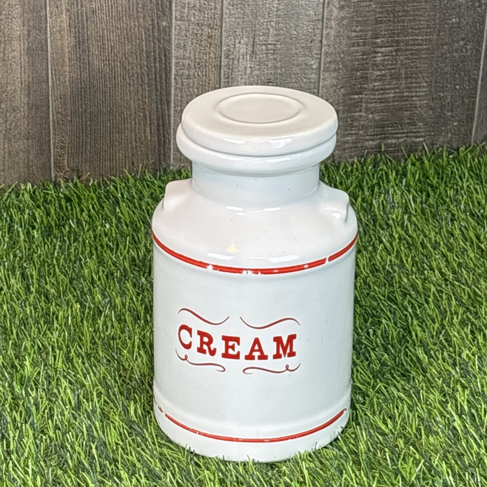 Vintage White‎ Ceramic Cream Canister Jar w Lid Red Lettering Farmhouse